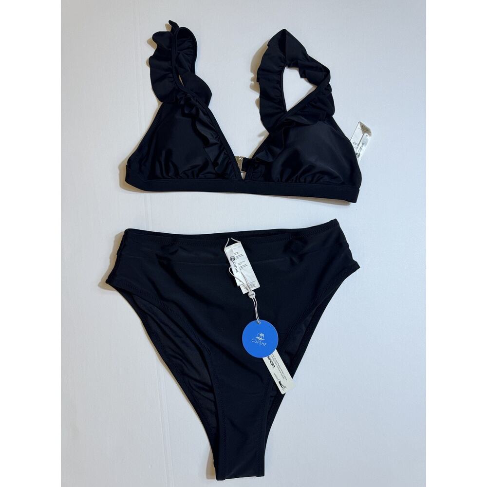 CUPSHE Bikini Sz M Black Ruffle V Neck High Waisted Two‎ Piece Swimsuit Women